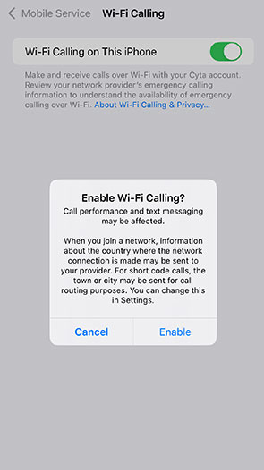 Screenshot of iphone Wi-Fi Calling on this iPhone menu
