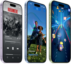 iPhone 17 devices, exterior front, exterior side, demonstrating Apple Music, αναπαραγωγή βίντεο, gaming, buttons: Action button, volume